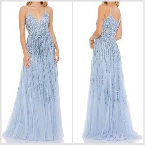 NWT Mac Duggal Embellished V Neck Sleeveless Column Gown 93566 Fusion Blue Sz 14